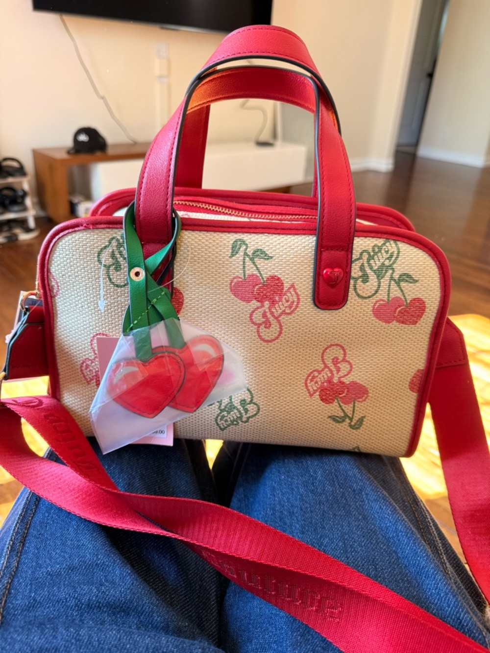 Juicy Couture Red and Cream Cherry Canvas Satchel with Cherry Charm NWT